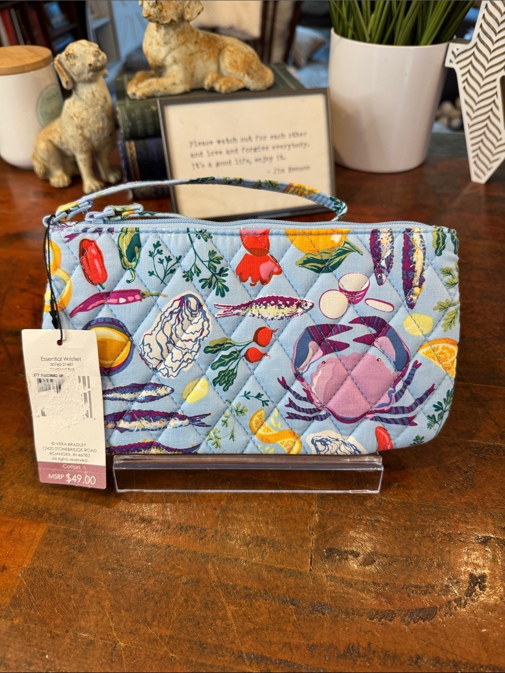 Vera Bradley Light Blue Quilted Wristlet with Coastal Crab Print
